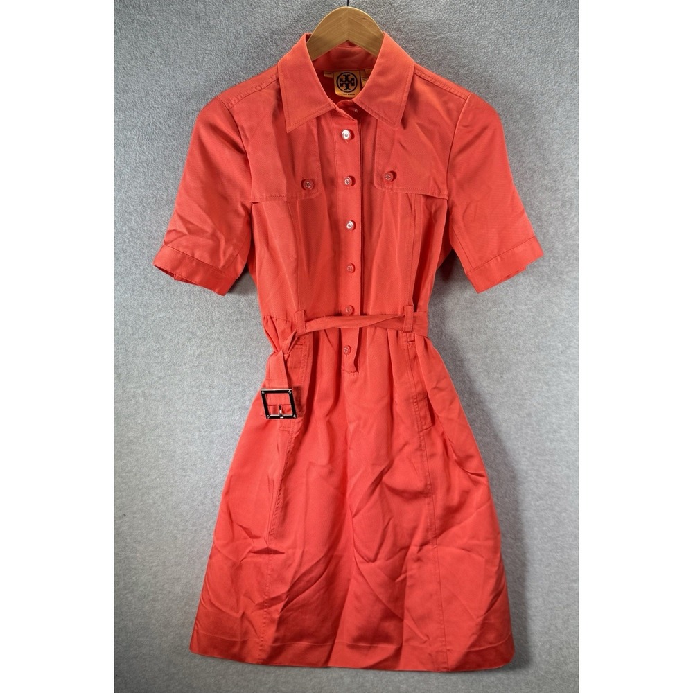 Tory‎ Burch Women's Peach Poplin Shirt Dress Luxury Silk Size 2 Belted Classic